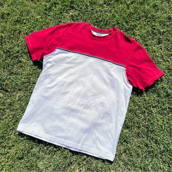 Mens y2k vintage crimson red white stripe color block surf dad normcore t-shirt - Picture 4 of 4